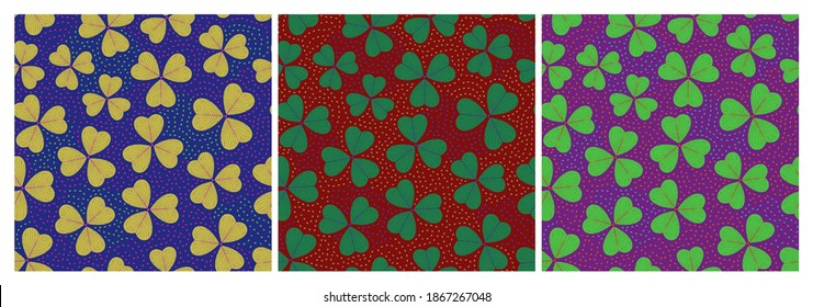 Set of seamless patterns with three-leaf clover. Repeat abstract botanical patterns. Vector illustration.