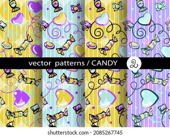 Set of seamless patterns (tiles) Retro. Candy and hearts. Endless texture of wallpaper, packaging, fill patterns, web page backgrounds, surface textures. Postcard template. Vector.Corrugation effect.
