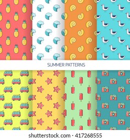 Set seamless patterns with tourism and summer objects and equipments. Can be used for wallpapers, web page backgrounds. For birthday, anniversary, party invitations, scrapbooking, T-shirt, cards.
