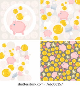 Set of seamless patterns with toy pig and money. Saving box vector illustrations.