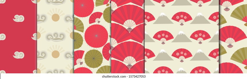 Set of seamless patterns in traditional asian style, red and yellow color. Fan, umbrella, sun. Geometric arrangement of  elements. Wallpaper, design for packaging and textiles, vector