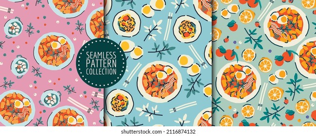 A set of seamless patterns with traditional Korean food. Tteokbokki rice cakes, boiled eggs, greens, fruits, berries. Vector background, wrapping paper, fabric in cartoon style