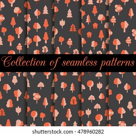 Set of seamless patterns with trees in a flat style. Collection of trees. Vector illustration.