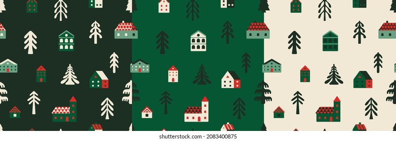 Set of seamless patterns, trees, houses. Simple cute decorated Scandinavian style. Green, white and black background colors. Surface pattern design, fabric print, repeat pattern. New Year, Christmas.