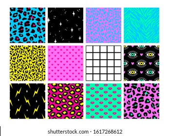 Set of seamless patterns in trendy acid psychedelic cosmic style.