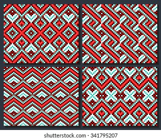 Set of seamless patterns. Trendy, contemporary ethnic seamless patterns, embroidery cross, squares, diamonds, chevrons. Ethnic scarf, carpet, clothes.
