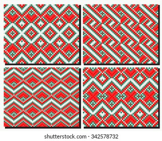Set of seamless patterns. Trendy, contemporary ethnic seamless patterns, embroidery cross, squares, diamonds, chevrons. Ethnic scarf, carpet, clothes.