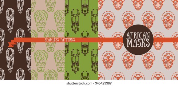 set of seamless patterns with tribal african masks, vector illustration