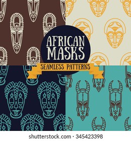 set of seamless patterns with tribal african masks, vector illustration