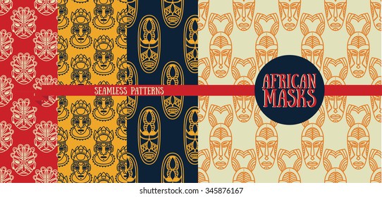 set of seamless patterns with tribal african masks, vector illustration