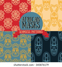 set of seamless patterns with tribal african masks, vector illustration