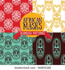 set of seamless patterns with tribal african masks, vector illustration