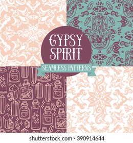 Set of seamless patterns in tribal magical style, vector illustration