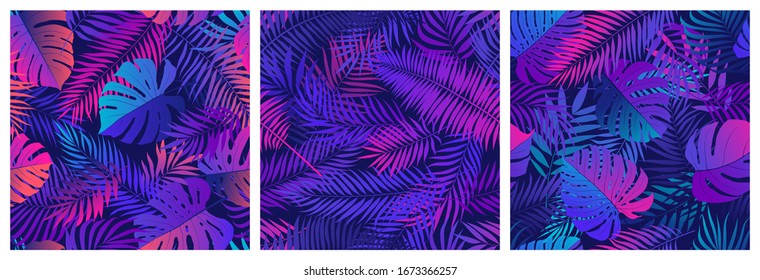 Set of seamless patterns with tropical exotic leaves and plants, vector set in ultraviolet shades, with neon reflections of pink and blue colors