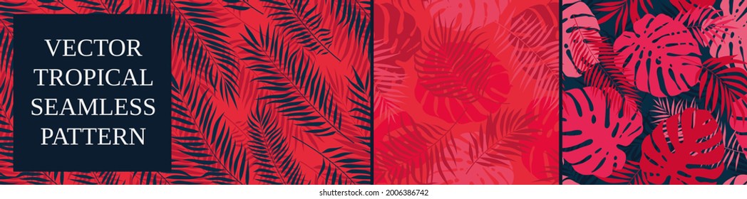 Set of seamless patterns with tropical exotic leaves and plants, vector botany composition in red blue colors