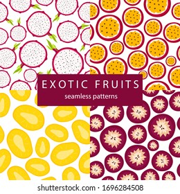 Set with seamless patterns with tropical fruit on a white background. Fruit bright patterns in the style of hand drawing.Flat vector stock illustration.Pattern with mango, pitaya,cainito,passion fruit