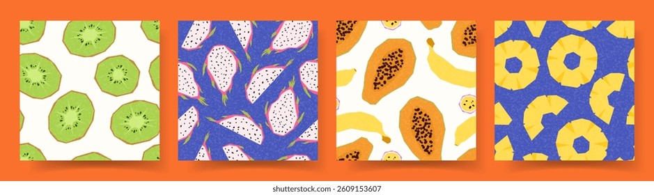 Set of seamless patterns with tropical fruit. Vector illustration with colourful summer fruit. Summer bright patterns design for party, branding, covers, sale, events, promo flyers.