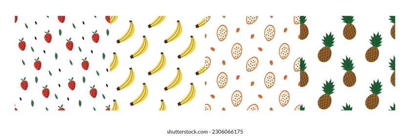 Set of seamless patterns with tropical fruits. Colorful trendy print for textile and texture.