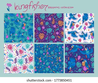 Set of seamless patterns with tropical leaves and kingfishers. Vector graphics.