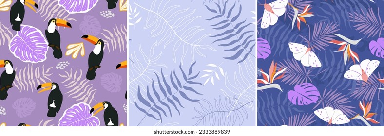 A set of seamless patterns with tropical leaves, flowers, exotic jungles, butterflies, toucan birds. Vector graphics.