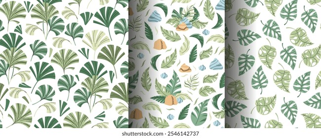Conjunto de patrones sin fisuras con hojas tropicales en estilo plano. Textura sin fin con hojas de palma, Rock y estanque. Fondo botánico para tela, Fondo de pantalla, papel de embalaje, Scrapbooking, etc.