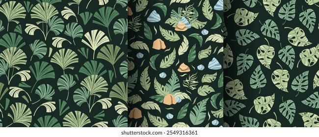 Conjunto de patrones sin fisuras con hojas tropicales en estilo plano. Textura sin fin con hojas de palma, Rock y estanque. Fondo botánico para tela, Fondo de pantalla, papel de embalaje, Scrapbooking, etc.