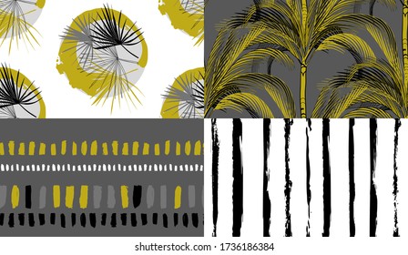 set with seamless patterns of tropical palm trees silhouettes on a gray background drawn in multiple black and gold and geometric prints with a free line