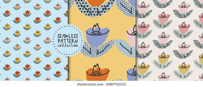 Set mit nahtlosen Mustern mit Tulpen. Blumige Vektorgrafik Designs, Hintergründe, Drucke