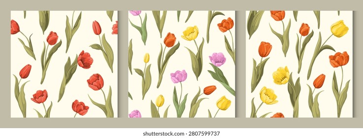 Set of seamless patterns with tulips. Floral patterns. Vector.	
