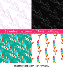Set of seamless patterns with twist lollipop, their outline on the white and colorful backgrounds 