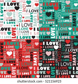 A set of seamless patterns with typographic design, i love text and heart shapes on various background. St. Valentine day design decoration element.