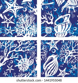 Set of Seamless patterns with underwater decorative Shells Corals Seastars