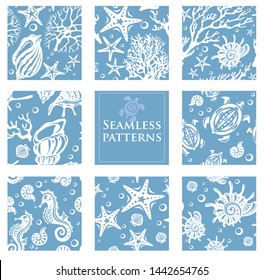Set aus nahtlosen Mustern mit Unterwasserleben - ideal für Sommerstoffe, Drucke, Hintergründe, Textilien, Herstellung, Bildschirmhintergründe, Scrapbooking