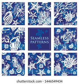 Set of Seamless patterns with underwater sea life - great for summer fabrics, prints, backgrounds, textile, manufacturing, wallpapers, scrapbooking