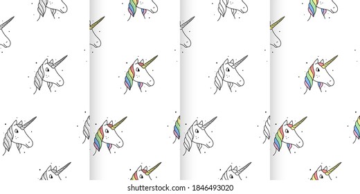 Set of seamless patterns of unicorns in cartoon style on a white background.