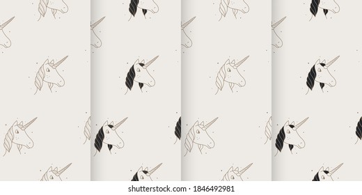 Set of seamless patterns of unicorns in the Victorian style.