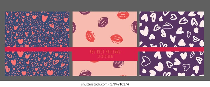 set of seamless patterns valentines background with lips, doodle white hearts. Hand drawn pattern Can be used for wedding invitations, Valentine's Day greeting card or love card.