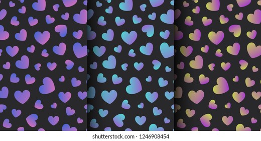 Set of seamless patterns for Valentines Day, wedding, holiday packaging. Background with holographic hearts.