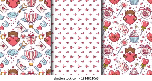 Set of seamless patterns with valentines day and love objects in doodle style on white background