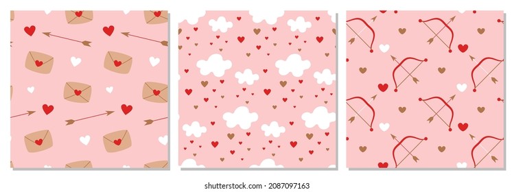 Set of seamless patterns for Valentine's Day. Hearts, arrows of cupid, messages of love.
