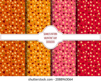 A set of seamless patterns for Valentine's Day measuring 1000 by 1000 pixels with hearts and flowers, doodle. Vector graphics