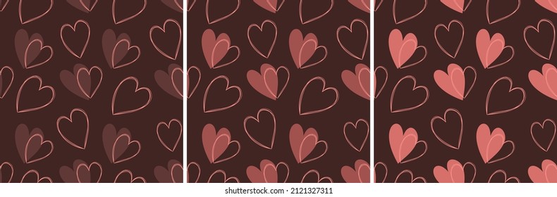 Conjunto de patrones impecables para el Día de San Valentín. Corazones. Para telas, tarjetas, papel, fondos. Ilustración vectorial. Estilo de la caricatura