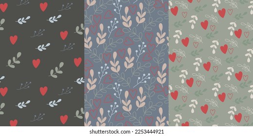 Set of seamless patterns. Valentine's Day. Hearts and leaves