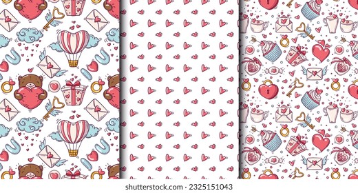 Conjunto de patrones impecables con valentines day y objetos de amor en estilo doodle sobre fondo blanco