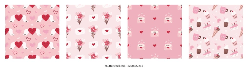 Conjunto de patrones impecables para el Día de San Valentín. Antecedentes vectoriales románticos. Ornamento para postales, fondos de escritorio, papel de embalaje