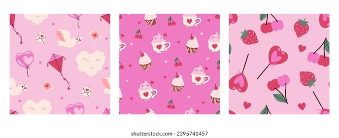 A set of seamless patterns with Valentine's Day items. Vector graphics.