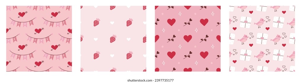 Set of seamless patterns for Valentines Day. Romantic vector backgrounds. Ornament for postcards, wallpapers, wrapping paper