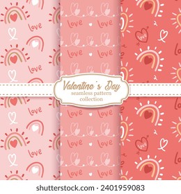 Set of seamless patterns for Valentine's Day. It is a cute seamless pattern with hearts on a pink background. Lovely hearts for Valentine's day. Love. Vector background. Printing on fabric, clothing.