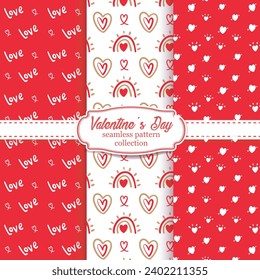 Set of seamless patterns for Valentine's Day. It is a cute seamless pattern with hearts on a red background. Lovely hearts for Valentine's day. Love. Vector background. Printing on fabric, clothing.