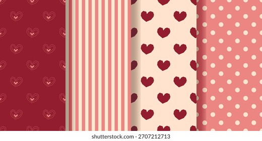 Set of seamless patterns for Valentines Day or weddings. Cute backgrounds with hearts, stripes and dots. Collection of prints for textiles, fabric, paper and packaging. Design, vector graphics